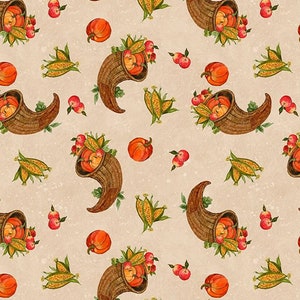 May include: A seamless pattern featuring a cornucopia filled with pumpkins, apples, and corn on a beige background.