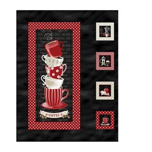 May include: A black and red coffee-themed fabric panel. The central design features a stack of coffee cups in various patterns and colors, with the word "Coffee" on a banner. The panel measures approximately 44" x 34".
