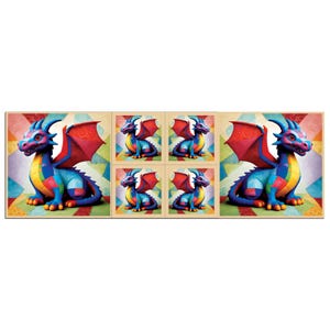 May include: A colorful dragon figurine with patchwork-style details. The dragon features blue, red, yellow, and green hues, with large red wings. The image is a collage of the dragon and smaller versions of the same dragon.
