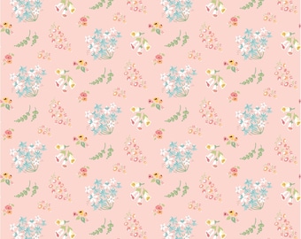 May include: A seamless pattern featuring a repeating design of delicate white and blue flowers with pink accents on a light pink background.