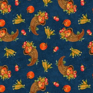 May include: A seamless pattern featuring a cornucopia filled with pumpkins, apples, and corn on a dark blue background.