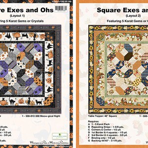 May include: Two quilt patterns titled Square Exes and Ohs, featuring Layout 1 with black cats and pumpkins, and Layout 2 with gnomes and sunflowers. Each 46-inch square table topper design includes fabric requirements, project numbers, and Wilmington Prints branding.