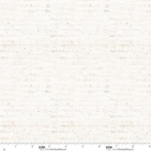 May include: A white fabric featuring a repeating pattern of faint, light brown musical notes and staff lines. A ruler is visible at the bottom edge, showing measurements in inches from 0 to 9, with the text BLANK www.blankquilting.net.