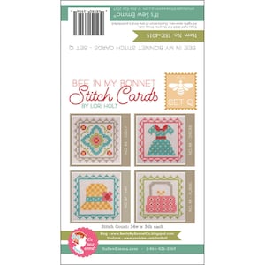 May include: A set of four cross-stitch patterns featuring a bee, a dress, a hat, and a purse. The patterns are titled "Bee in My Bonnet Stitch Cards" and are by Lori Holt. The stitch count for each pattern is 34w x 34h.