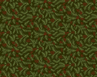 Winter Joy, Fir Sprigs Green 2861-66, Red Berry Fabric, Henry Glass Fabrics, Quilting Cotton, Fabric By The Yard and Half Yard