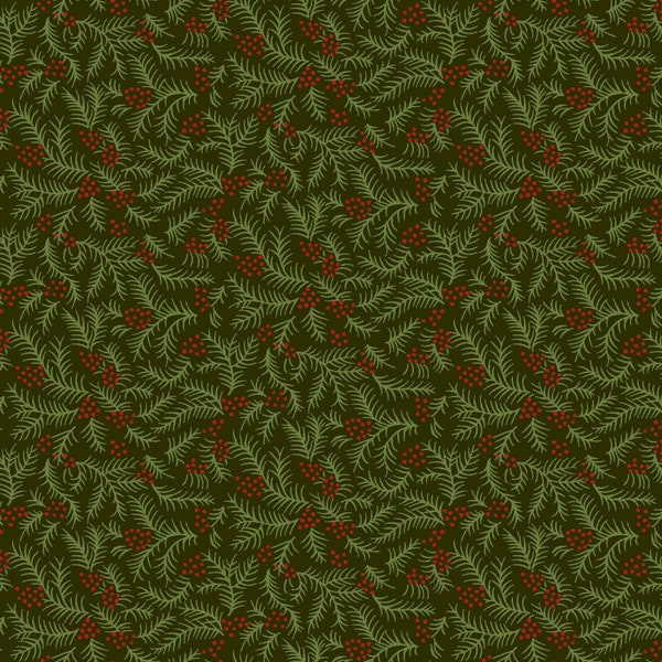 Red Berry Fabric, Pine Leaves Fabric, Winter Joy, Fir Sprigs Green 2861-66, Henry Glass Fabrics, Quilting Cotton, Fabric By The Yard