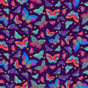 May include: A seamless pattern featuring colorful butterflies with intricate details on a deep purple background. The butterflies are arranged in a repeating pattern, creating a vibrant and whimsical design.