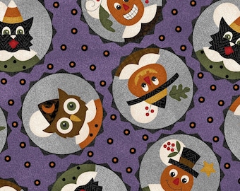 Halloween Flannel Fabric, Happy Jacks & Friends, Happy Circles MASF9401-V, Pumpkin Fabric, Bonnie Sullivan, Maywood Studio, Quilting Cotton