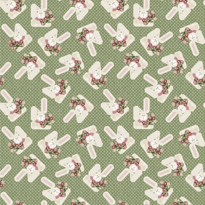 A Wooly Garden, Garden Bunnies 10471-42, Benartex, Sage Green Fabric, Quilting Cotton, Fabric By The Yard and Half Yard