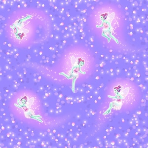 May include: A seamless pattern featuring four fairies flying against a purple background with pink and white glitter. The fairies have green skin, pink hair, and white wings.