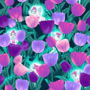 May include: A seamless pattern featuring fairies and tulips. The fairies are depicted with wings and are wearing dresses. The tulips are in various shades of pink, purple, and blue. The background is a dark teal color.