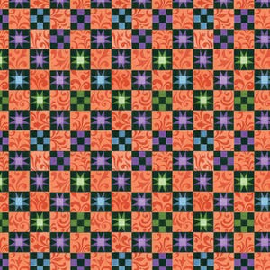 May include: A repeating pattern of orange squares with a floral design, alternating with squares of green, black, and purple. Each orange square contains a starburst design in various colors. The overall design is a patchwork style.