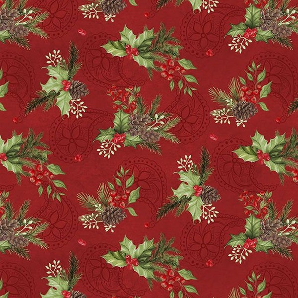 Pine Boughs & Berries, Tartan Holiday, Foliage Toss Red 27667-373, Danielle Leone, Wilmington Prints, Quilting Cotton, Fabric By The Yard