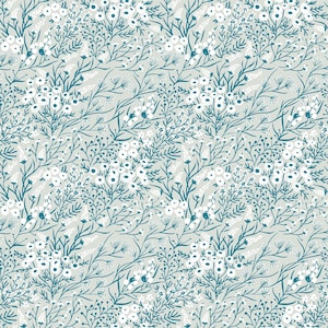 May include: A seamless pattern featuring a repeating design of white flowers and teal green leaves on a light grey background.