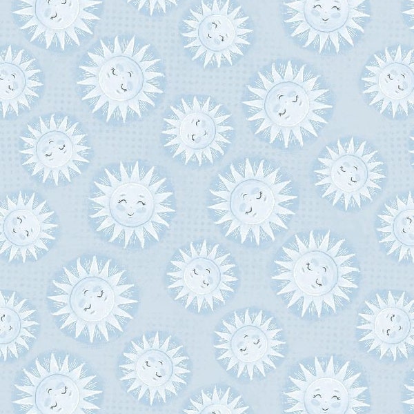 Smiling Sun Fabric, Nursery Fabric, Reach For The Stars, Sun Toss Blue 96468-441, Wilmington Prints, Quilting Cotton Fabric By The Yard