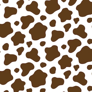 May include: A seamless pattern of brown cow spots on a white background. The spots are irregular in shape and size, creating a classic cowhide pattern.