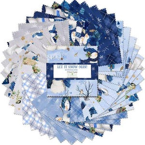 Puede incluir: Un conjunto circular de cuadrados de tela con temática invernal. Los cuadrados presentan diseños de muñecos de nieve, copos de nieve y cuadros en tonos azules, blancos y grises. El texto "LET IT SNOW-MAN!" es visible en una etiqueta central.