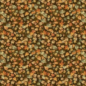 May include: A seamless pattern of autumn leaves in shades of orange, yellow, and green, set against a dark brown background. The leaves are densely packed, creating a textured, natural design, perfect for fall-themed projects.
