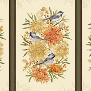 May include: A digital illustration of three birds perched on a cluster of yellow and orange flowers with green leaves. The background is a cream colour with a brown and green border.