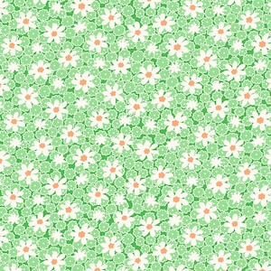 May include: A repeating pattern of white daisies with orange centers on a light green background. The daisies are surrounded by smaller, light green, scalloped-edge flowers, creating a dense floral design.