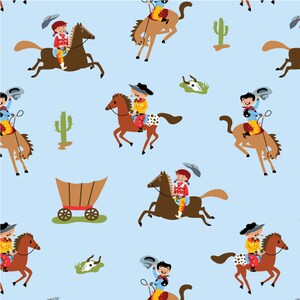 May include: A seamless pattern featuring cowboys and cowgirls riding horses on a light blue background. The pattern also includes cacti, wagon wheels, and skulls.