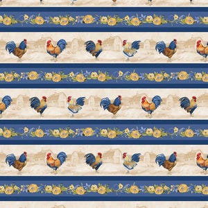 May include: A seamless pattern featuring a repeating design of roosters with red combs and blue, yellow, and white feathers. The roosters are standing on a beige background with a blue and yellow floral border.