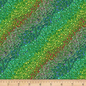May include: A vibrant fabric with a repeating pattern of colorful dots in shades of green, yellow, red, and blue. The dots are arranged in diagonal stripes across the fabric. A ruler is at the bottom of the image.