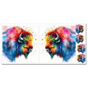 May include: A vibrant watercolor painting of two bison facing each other, rendered in a spectrum of colors including red, orange, yellow, green, blue, and purple. The artwork features a white background with colorful splatters and a series of smaller bison images.