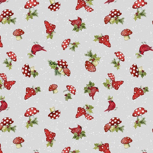 Red and White Polka Dot Mushrooms, Baby It's Gnomes Outside, Mushroom Toss Gray 39805-907, Wilmington Prints, Quilting Cotton Fabric