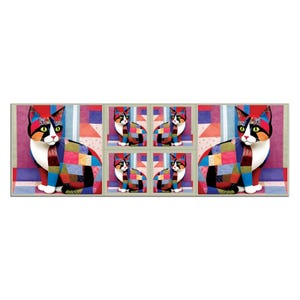May include: A rectangular artwork featuring a patchwork cat design. The cats are depicted in a sitting position with colorful patchwork patterns. The background has geometric shapes in shades of red, purple, and blue.
