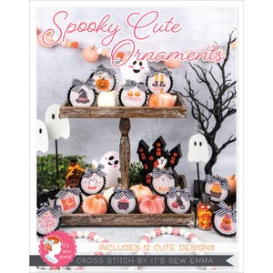 May include: A set of 12 cross stitch patterns for spooky cute Halloween ornaments. The patterns include a ghost, a witch's hat, a pumpkin, a candy corn, a haunted house, a cat, a spider, a bat, a cauldron, a cupcake, a trick or treat bag, and a gingerbread man. The patterns are designed by It's Sew Emma.