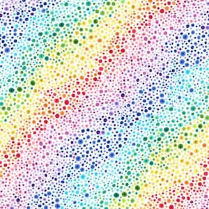May include: A vibrant, abstract pattern featuring a spectrum of colors arranged in diagonal rows. The design is composed of numerous small, colorful dots, creating a textured, rainbow-like effect. The dots vary in size and hue, ranging from red to violet.
