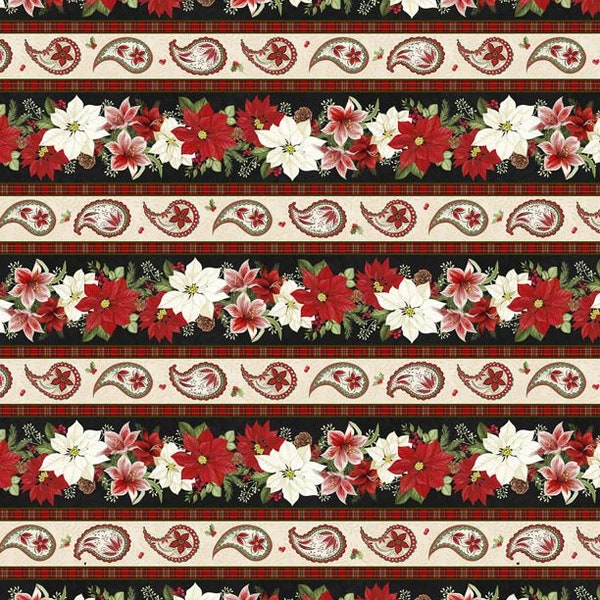 Poinsettia Fabric, Tartan Holiday, Repeating Stripe 27662-193, Danielle Leone, Wilmington Prints, Quilting Cotton, Fabric By The Yard