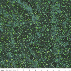 May include: A fabric with a dark teal and green mottled pattern. The design features irregular, organic shapes in varying shades of green, creating a textured appearance. The fabric is measured in inches.