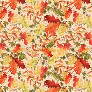 May include: A seamless pattern featuring watercolor illustrations of autumn leaves in shades of red, orange, yellow, and green. The leaves are arranged in a random pattern on a light beige background.