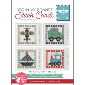 May include: A set of four cross-stitch patterns featuring a sailboat, aeroplane, car, and train. The patterns are titled "Bee in My Bonnet Stitch Cards Set K" and each pattern is 32 stitches wide by 32 stitches high.
