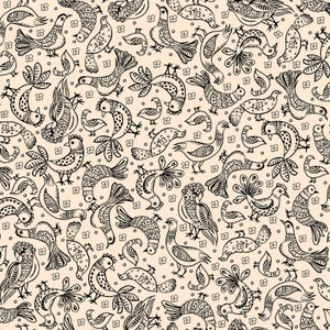 May include: A seamless pattern featuring black and white stylized birds on a light beige background. The birds are drawn in a whimsical style with intricate details and various poses.