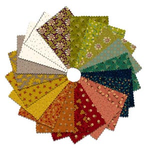 Peut inclure: Un éventail d'échantillons de tissu aux couleurs et motifs variés. Les échantillons présentent des motifs floraux, à pois et géométriques dans des tons de vert, d'or, de rouge et de bleu. Le tissu est probablement du coton ou une matière similaire, adapté au patchwork ou à la couture.