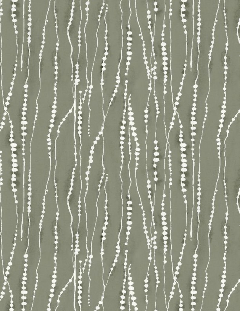 May include: A seamless pattern featuring white beaded strands on a sage green background. The strands are arranged vertically and create a subtle, organic texture.