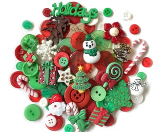 Christmas Button Value Pack, 50 Assorted Novelty Buttons, Buttons Galore & More, Decorative Buttons, Includes 2 and 4 Hole, Shank and Flat