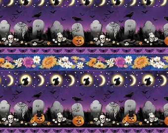 Bones and Bouquets Graveyard Stripe Purple 7879 55, Kathleen Francour, Studio E Fabrics, Quality Cotton Fabric, Priced/Sold by the Half Yard