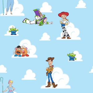 May include: A blue background with white clouds and various characters from the Toy Story movie franchise. The characters include Woody, Buzz Lightyear, Jessie, Mr. and Mrs. Potato Head, and Alien.