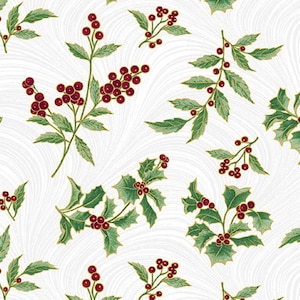 May include: A repeating pattern of green holly leaves and red berries on a white background. The leaves have gold outlines, and the berries are clustered on stems. The background has a subtle, wavy texture, creating a festive design.