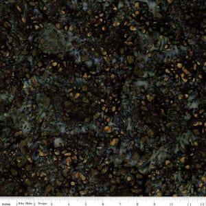 May include: A close-up of a fabric with a mottled pattern. The fabric features a dark background with a mix of dark green, brown, and gold-colored shapes. The text "Riley Blake Designs" is visible at the bottom.