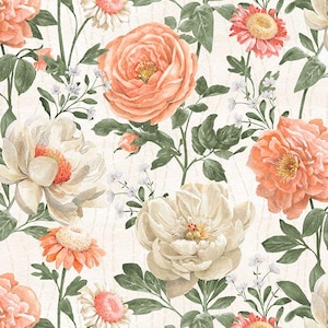 End of Bolt 27&quot;, Peach Whispers, Large Flowers Cream 83317 287, Beth Grove for Wilmington Prints, Quality Quilting Cotton Fabric
