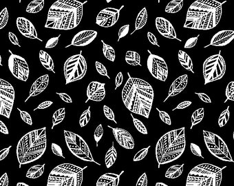 White Leaves on Black Fabric, White Leaf Fabric, Illusion, Leaf Toss Black 66202-911, Wilmington Prints, Quilting Cotton, Fabric By The Yard