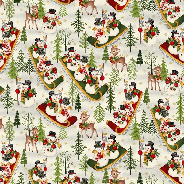 End of Bolt 69", Snowman Fabric, Seasonal Fabric, Winter Joy, Snowmen's Downhill Sledding 2854-33 Henry Glass Fabrics Quilting Cotton Fabric