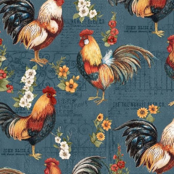 End of Bolt 5", Garden Gate Roosters, Large All Over Teal 39812 421, Susan Winget for Wilmington Prints, 100% Quality Quilting Cotton Fabric