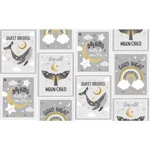 May include: A set of nine gray and gold nursery prints with various designs including whales, moons, stars, rainbows, and the text "Sweet Dreams", "Dreams really do come true", "Stay wild", "Moon Child", and "Good Night".