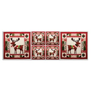 May include: A set of Christmas-themed quilts featuring a reindeer design. The reindeer has large antlers, a red scarf, and a green and red blanket. The quilts have a red border with green and white accents, including Christmas trees and poinsettias.
